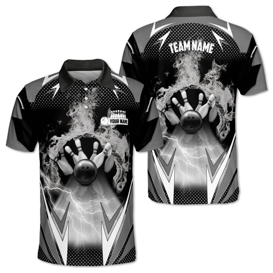 Custom Black Flame Bowling Polo Shirt For Men, Custom Flame Bowling Team Shirts BZ0172