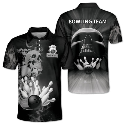 Custom Skull Bowling Polo Shirt For Men, Custom Black And Red Skull Bowling Team Shirts BZ0189