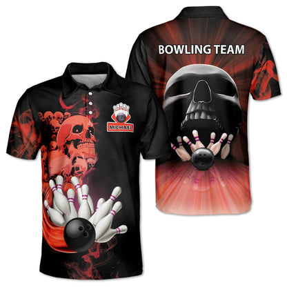 Custom Skull Bowling Polo Shirt For Men, Custom Black And Red Skull Bowling Team Shirts BZ0189