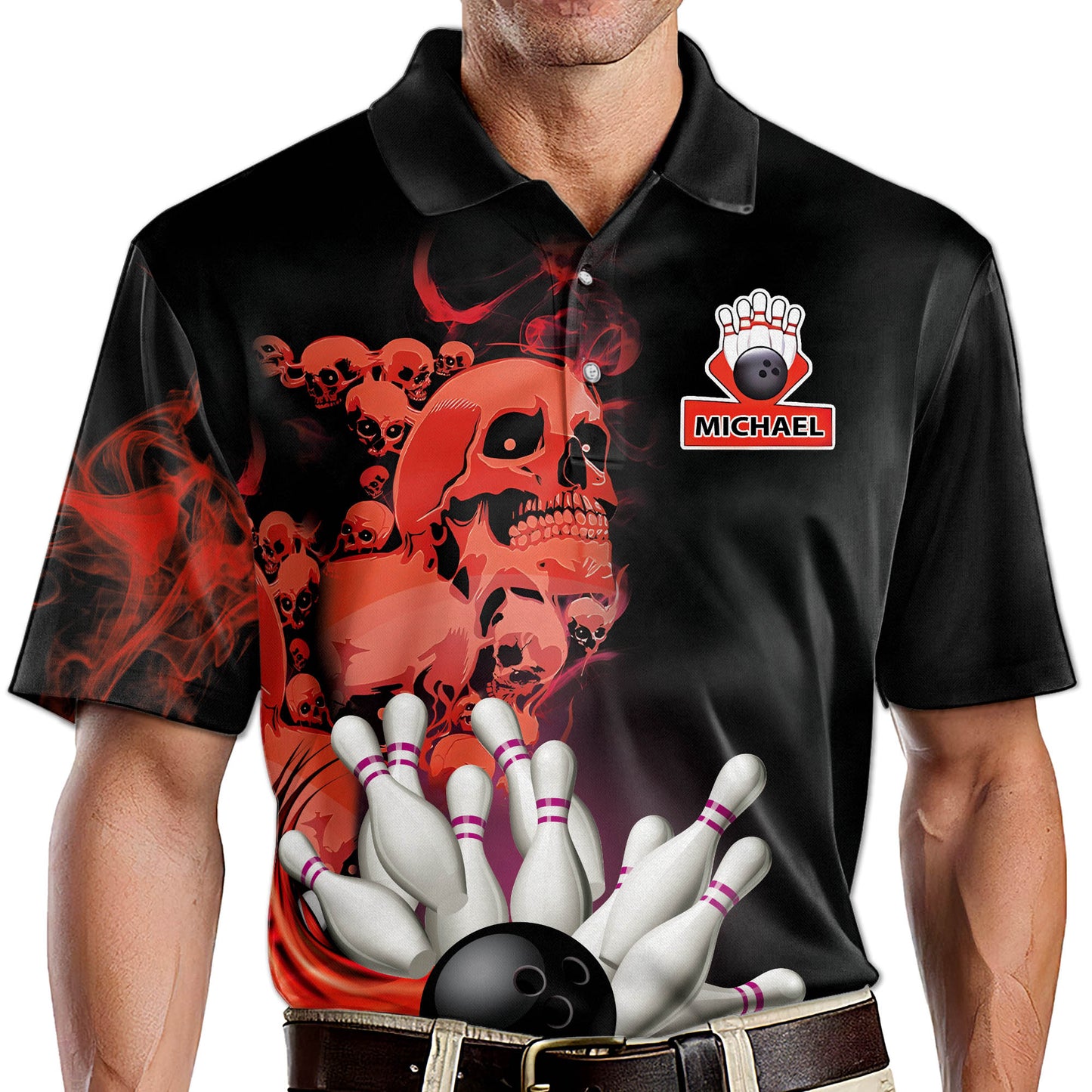 Custom Skull Bowling Polo Shirt For Men, Custom Black And Red Skull Bowling Team Shirts BZ0189