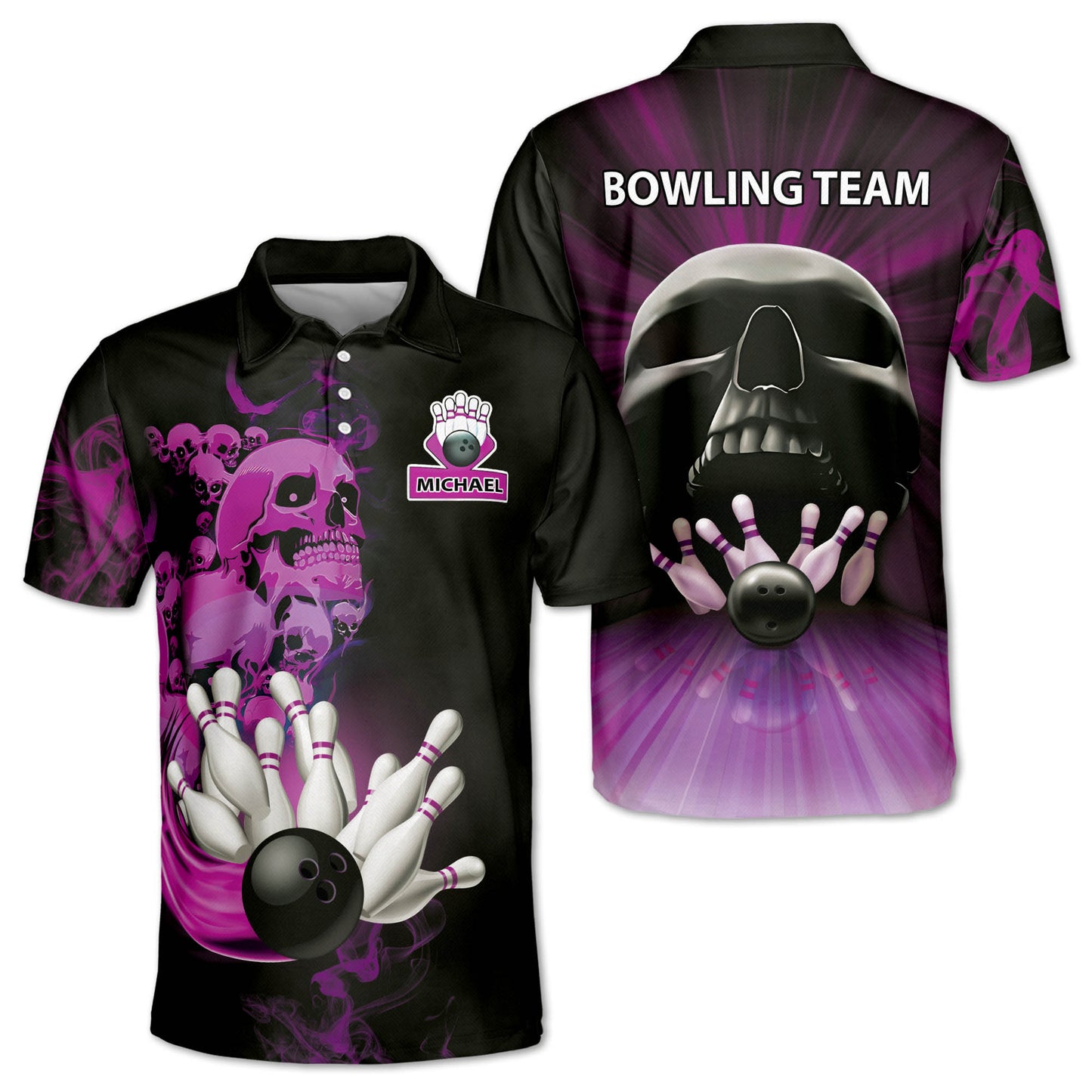 Custom Skull Bowling Polo Shirt For Men, Custom Black And Red Skull Bowling Team Shirts BZ0189