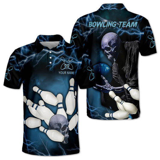 Custom Skull Bowling Polo Shirt For Men, Custom Black And Blue Skull Bowling Team Shirts BZ0191