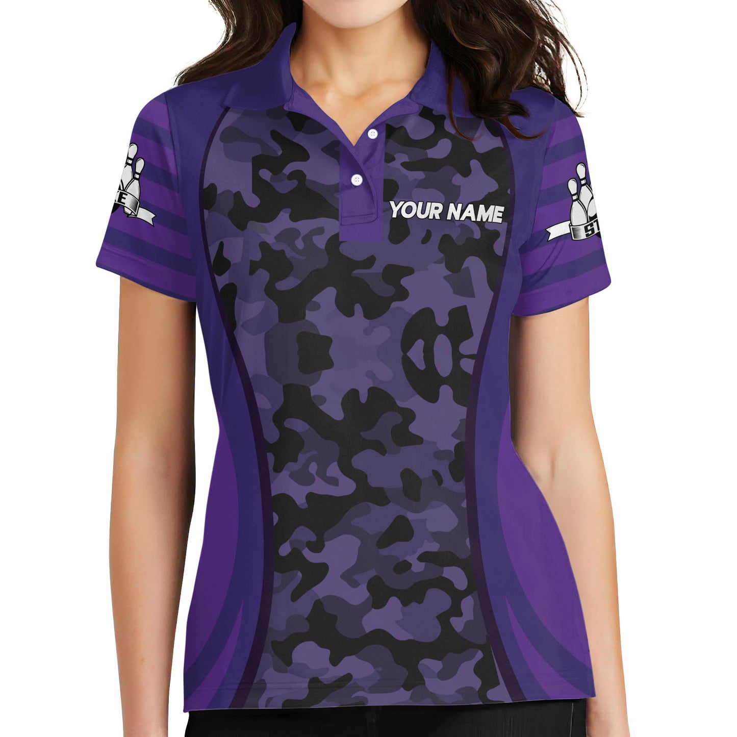 Custom Bowling Team Shirts For Women, Custom Camo Bowling Polo Shirt For Women BZ0193