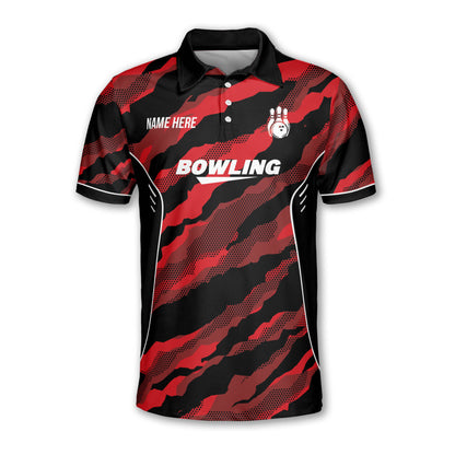 Custom Black And Red Team Bowling Polo Shirt For Men, Custom Camo Bowling Team Shirts BZ0196