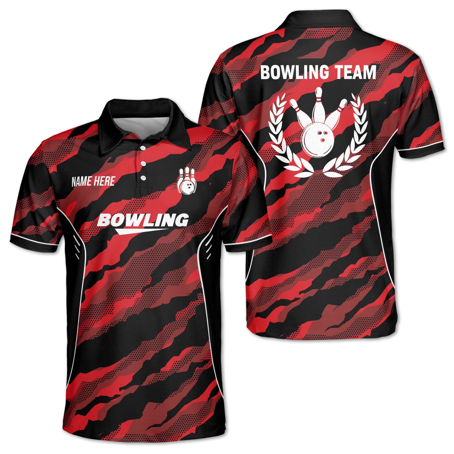 Custom Black And Red Team Bowling Polo Shirt For Men, Custom Camo Bowling Team Shirts BZ0196