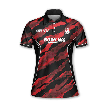 Custom Female Bowling Shirts, Custom Black And Red Team Bowling Polo Shirt For Women BW0144