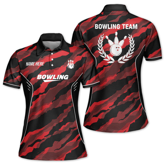 Custom Female Bowling Shirts, Custom Black And Red Team Bowling Polo Shirt For Women BW0144