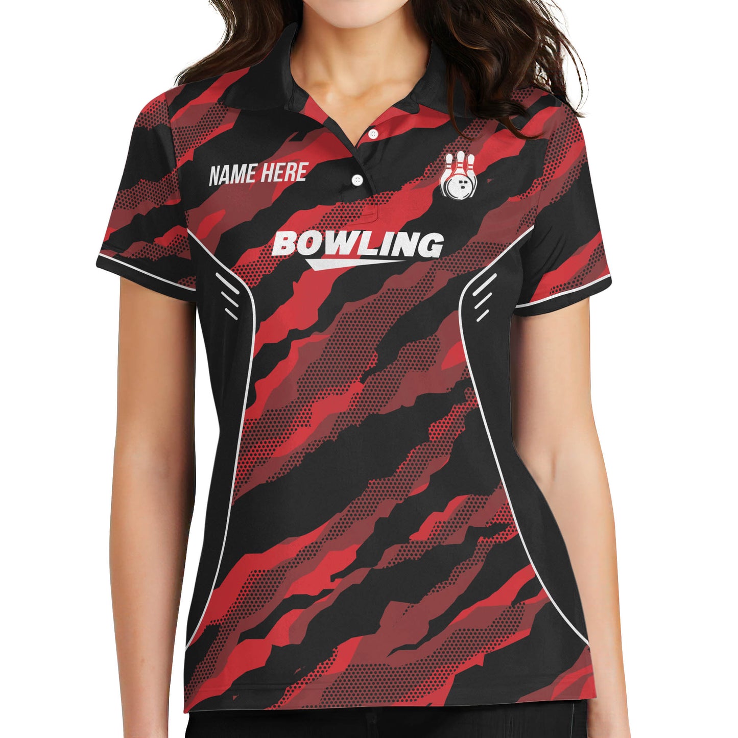 Custom Female Bowling Shirts, Custom Black And Red Team Bowling Polo Shirt For Women BW0144