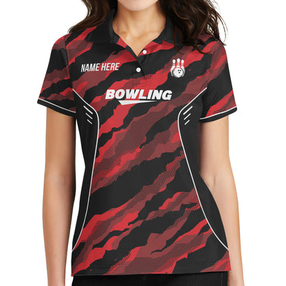 Custom Female Bowling Shirts, Custom Black And Red Team Bowling Polo Shirt For Women BW0144