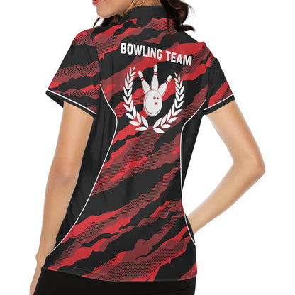 Custom Female Bowling Shirts, Custom Black And Red Team Bowling Polo Shirt For Women BW0144