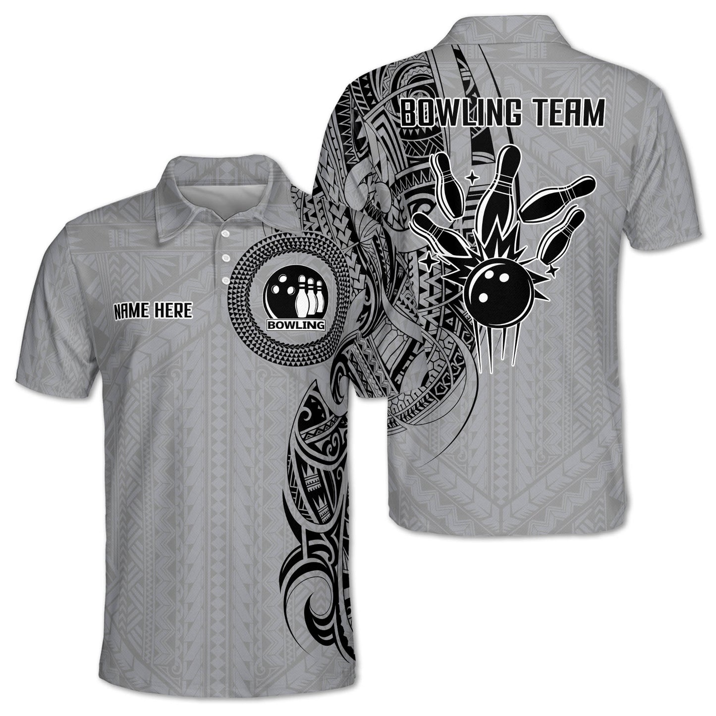 Custom Grey Tribal Bowling Polo Shirt For Men, Custom Tribal Bowling Team Shirts BZ0205