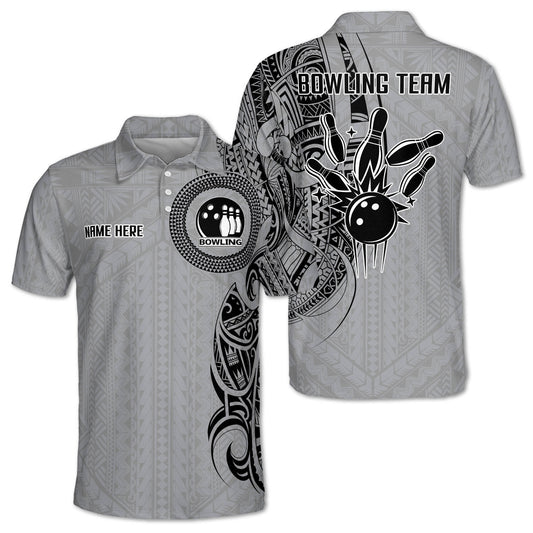 Custom Grey Tribal Bowling Polo Shirt For Men, Custom Tribal Bowling Team Shirts BZ0205