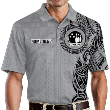 Custom Grey Tribal Bowling Polo Shirt For Men, Custom Tribal Bowling Team Shirts BZ0205