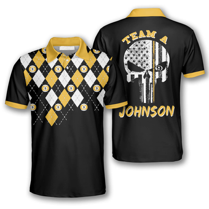 9 Ball Skull Argyle Pattern Custom Billiard Shirts for Men, Team a Custom Name Billiard SO1382