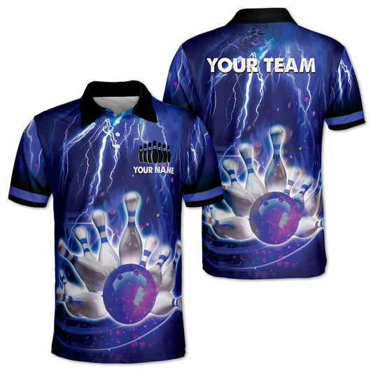 Custom Thunder Team Bowling Polo Shirt For Men, Custom Team Blue Bowling Shirt BM0308