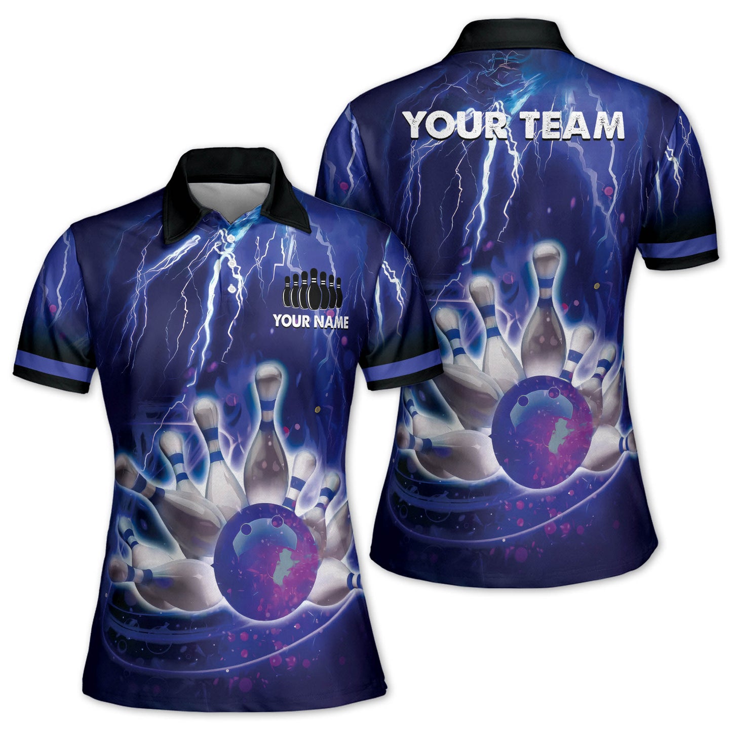 Custom Womens Bowling Shirts, Custom Thunder Team Women's Bowling Polo Shirts, Custom Women Bowling Shirts Blue BW0156