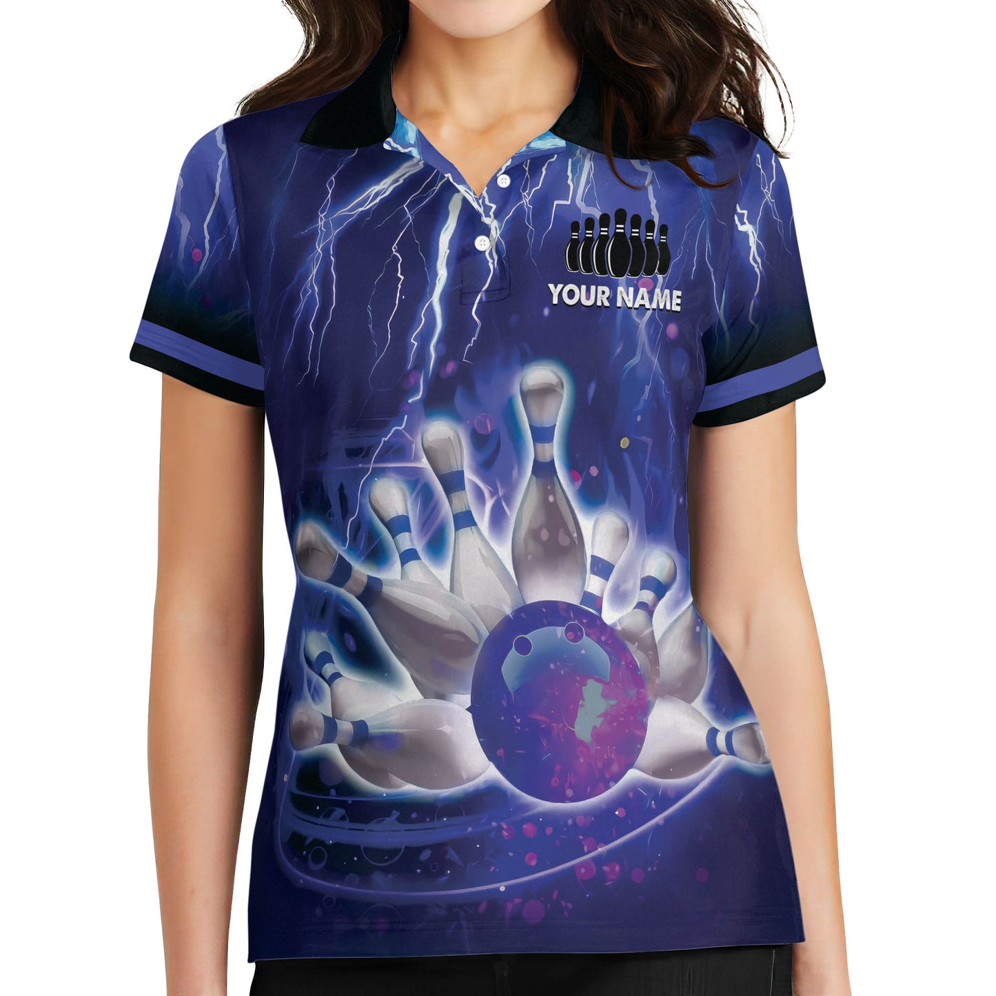 Custom Womens Bowling Shirts, Custom Thunder Team Women's Bowling Polo Shirts, Custom Women Bowling Shirts Blue BW0156