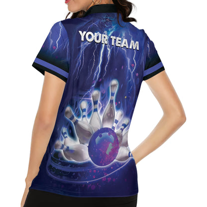 Custom Womens Bowling Shirts, Custom Thunder Team Women's Bowling Polo Shirts, Custom Women Bowling Shirts Blue BW0156