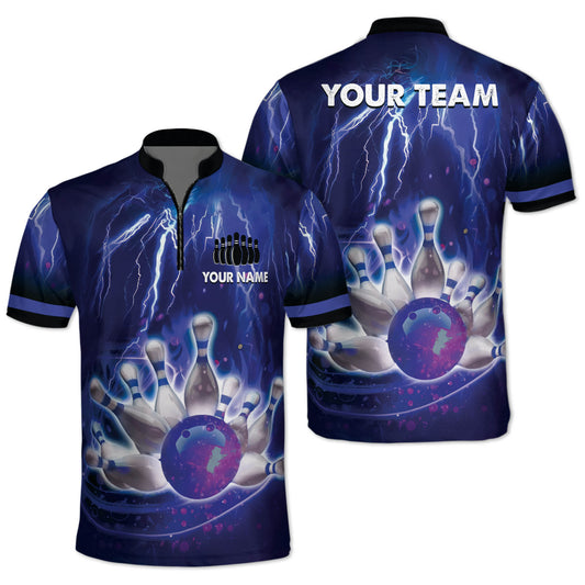 Custom Thunder Team Bowling Jerseys Shirt For Men, Custom Team Blue Bowling Shirt BZ0004