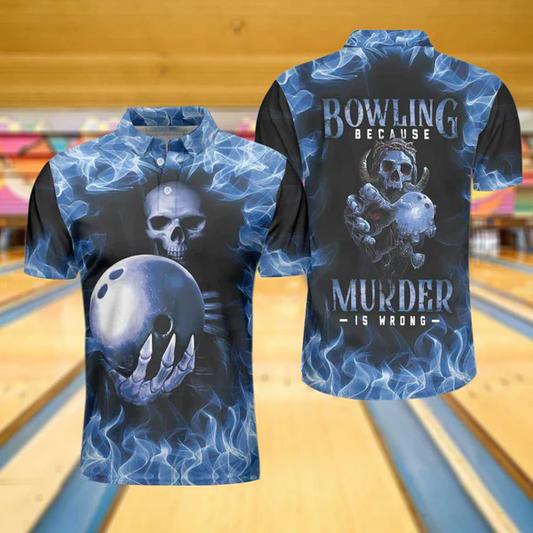 Bowling Murder Polo Shirt, Blue Flame Pattern Bowling Polo Shirt, Scary Skull Shirt Design For Halloween Tendpins SO1061