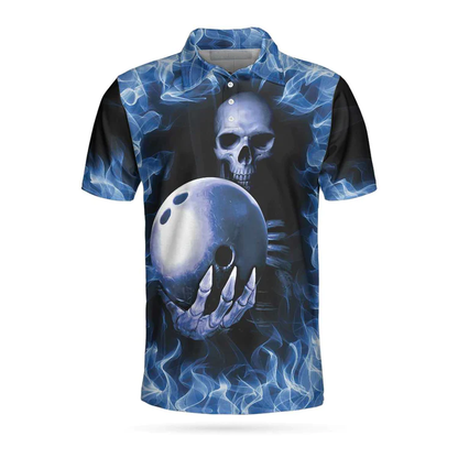 Bowling Murder Polo Shirt, Blue Flame Pattern Bowling Polo Shirt, Scary Skull Shirt Design For Halloween Tendpins SO1061