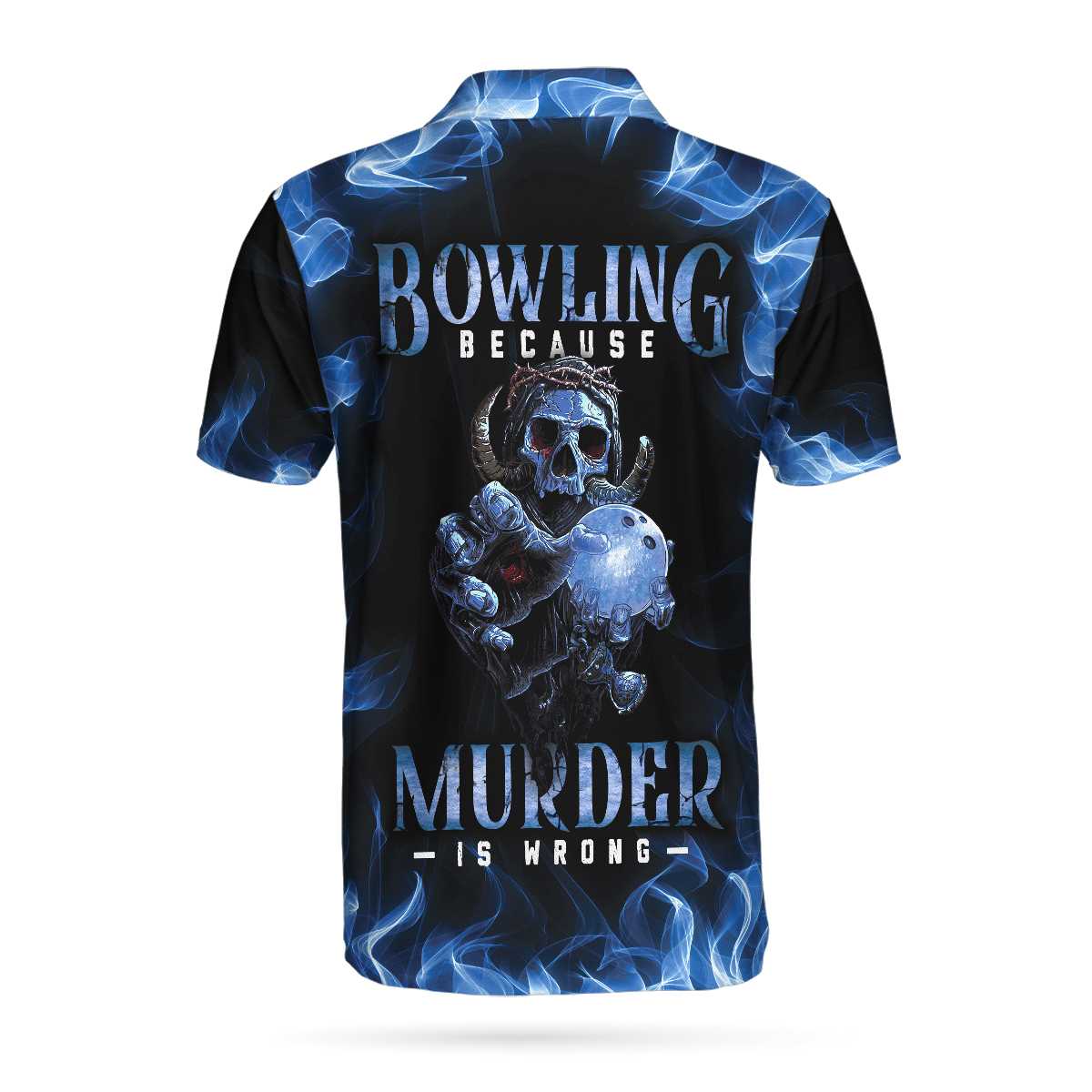 Bowling Murder Polo Shirt, Blue Flame Pattern Bowling Polo Shirt, Scary Skull Shirt Design For Halloween Tendpins SO1061