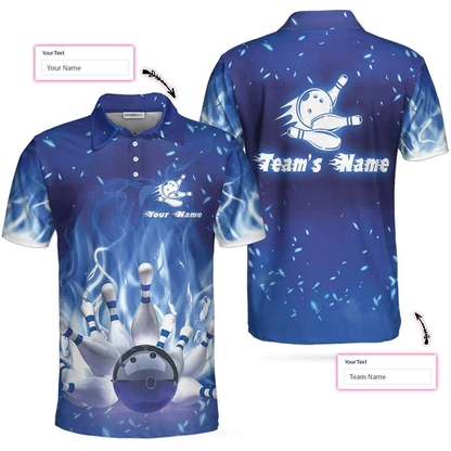 Bowling On Blue Fire Custom Polo Shirt, Blue Custom Bowling Shirt For Adults, Personalized Bowling Gift Tendpins SO0514