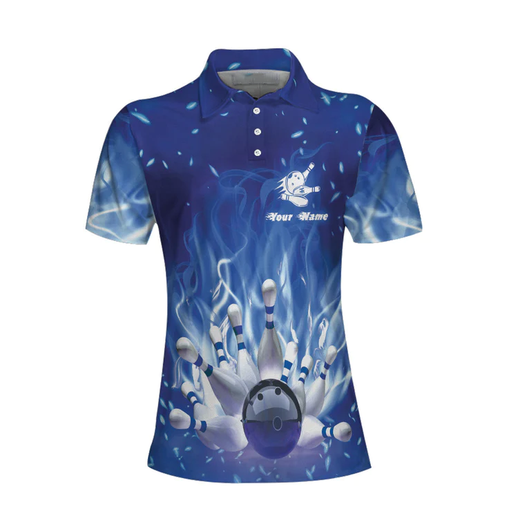 Bowling On Blue Fire Custom Short Sleeve Women Polo Shirt, Personalized Blue Flame Polo Shirt For Female Bowlers Tendpins SO0542