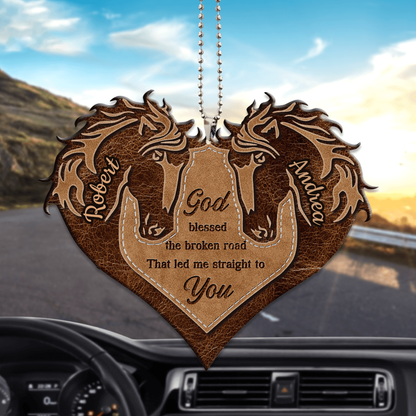 Personalized Couple Car Hanging Ornament Brown Horse Couple Heart God Blessed Ornament Gift For Couple OO0987