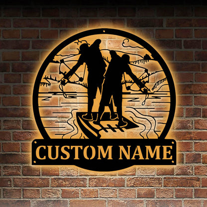 Custom Bowfishing Father And Son Led Lights Metal Wall Art, Personalized Bowfishing Art Name Decoration for Home Decor, Bowfishing Gifts CN1657