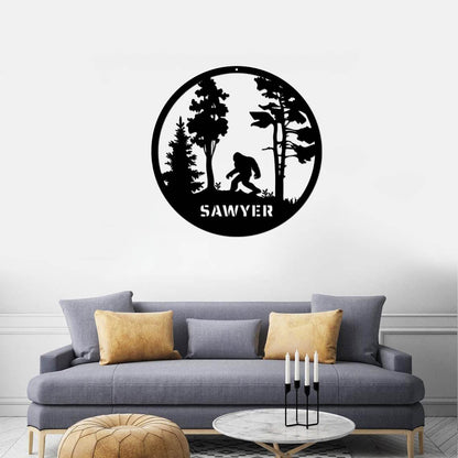 Bigfoot Personalized Family Name Sign - Custom Metal Sasquatch Wall Sign Wall Art Customized with Name - Indoor or Outdoor Door Hanger Sign CN3048