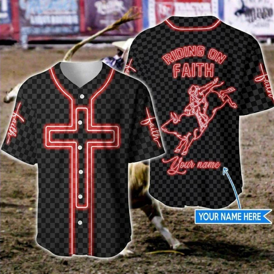 Cross, Bull Riding Baseball Jersey - Bull Riding On Faith Custom Baseball Jersey Shirt SO0217