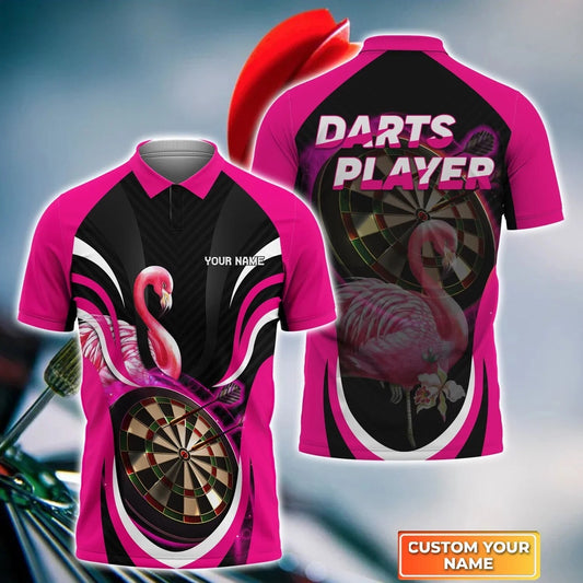 Personalized Dart Flamingo Polo Shirt, Black and Pink Flamingo Dart Shirt, Summer Shirt for Dart Player DMO0201