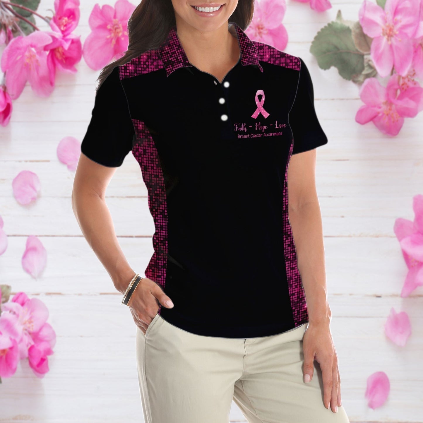 Faith Hope Love Angel Wings Breast Cancer Awareness Short Sleeve Women Polo Shirt, Pink Awareness Ribbon Polo Shirt For Ladies Tendpins SO0715