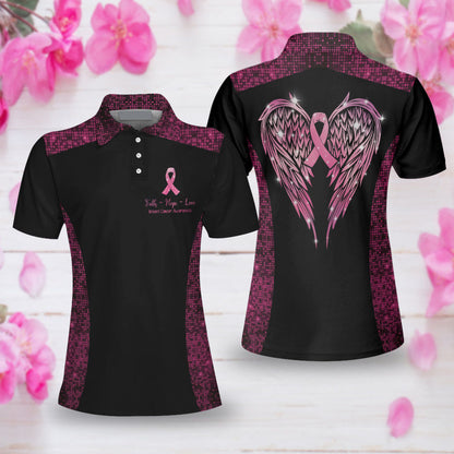 Faith Hope Love Angel Wings Breast Cancer Awareness Short Sleeve Women Polo Shirt, Pink Awareness Ribbon Polo Shirt For Ladies Tendpins SO0715