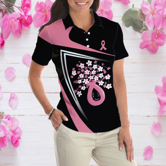 Flowers Faith Hope Love Pink Breast Cancer Awareness Short Sleeve Women Polo Shirt, Awareness Ribbon Polo Shirt For Ladies Tendpins SO0687