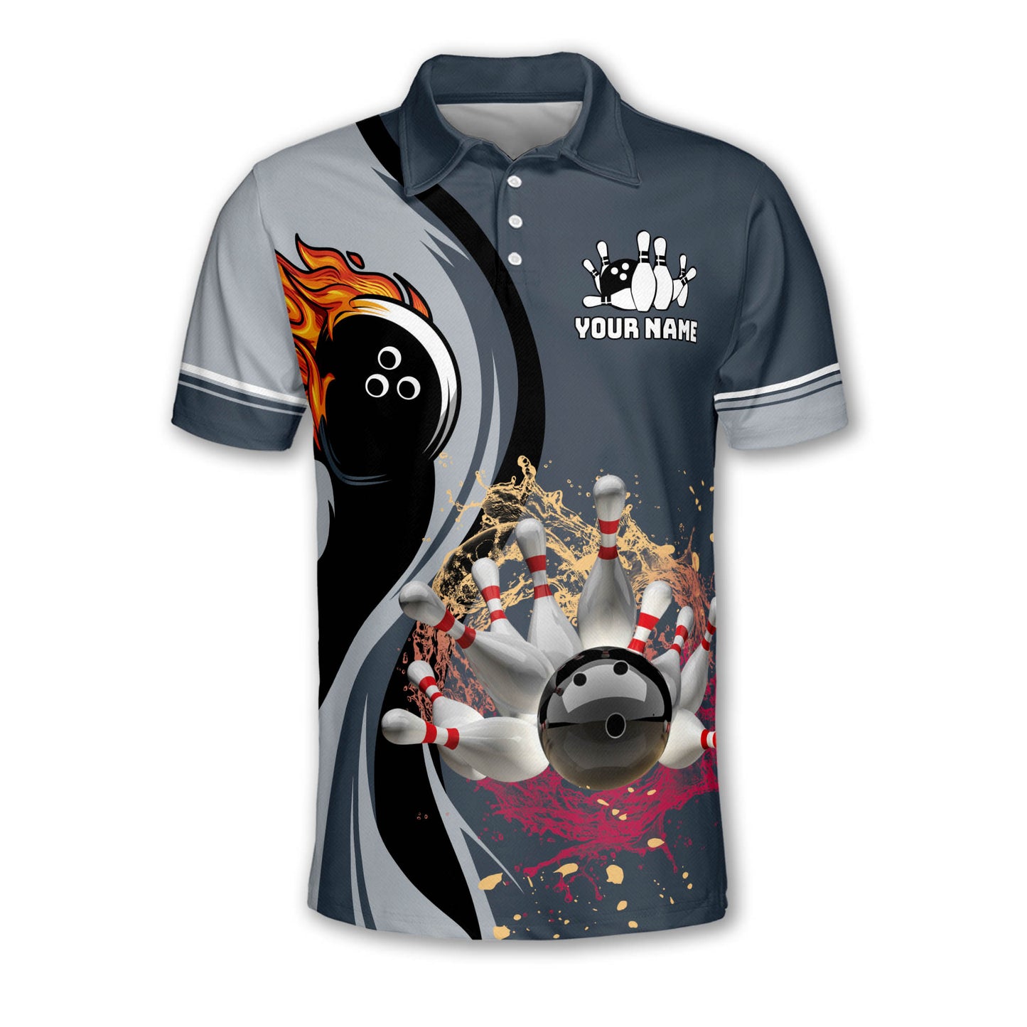 Custom Flame Bowling Polo Shirt For Men, Custom Grey Bowling Shirt BZ0185