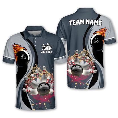 Custom Flame Bowling Polo Shirt For Men, Custom Grey Bowling Shirt BZ0185