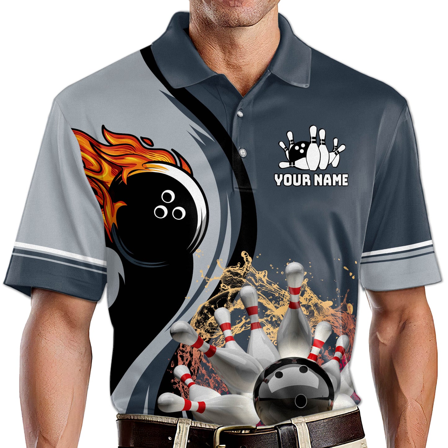 Custom Flame Bowling Polo Shirt For Men, Custom Grey Bowling Shirt BZ0185