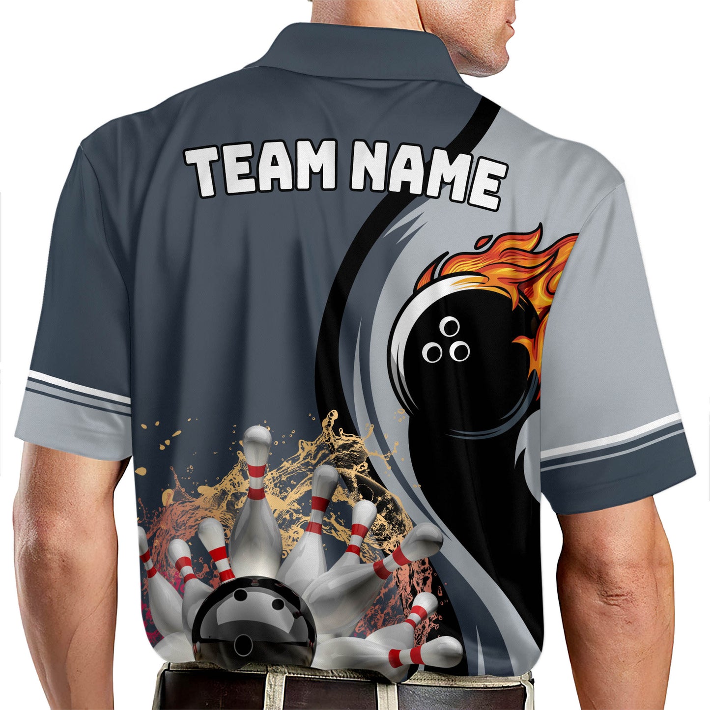 Custom Flame Bowling Polo Shirt For Men, Custom Grey Bowling Shirt BZ0185