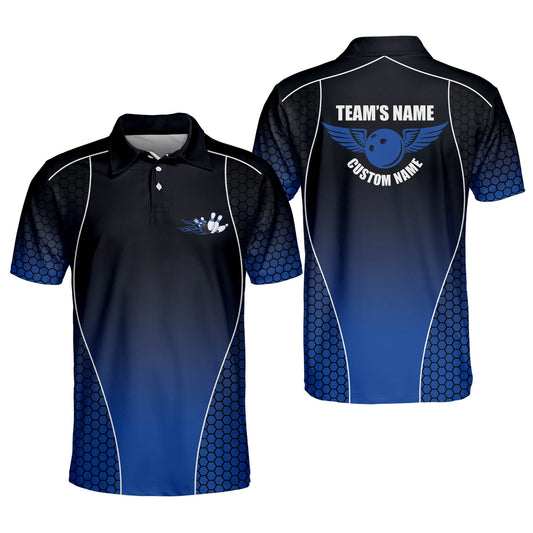 Custom Black And Blue Team Bowling Polo Shirt For Men, Custom Bowling Shirt BM0091