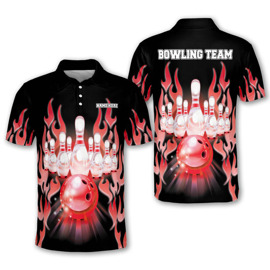 Custom Red Flame Bowling Polo Shirt For Men, Personalized Flame Bowling Team Shirt BM0020