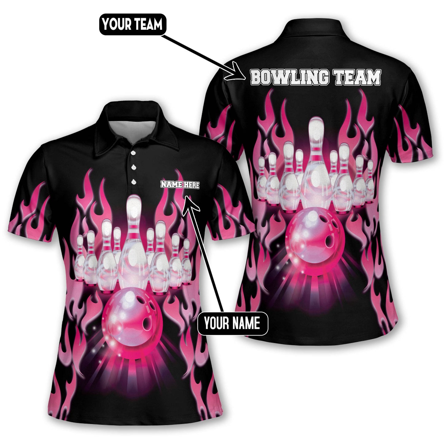 Custom Red Flame Bowling Polo Shirt For Women, Custom Flame Bowling Team Shirts Womens BW0125