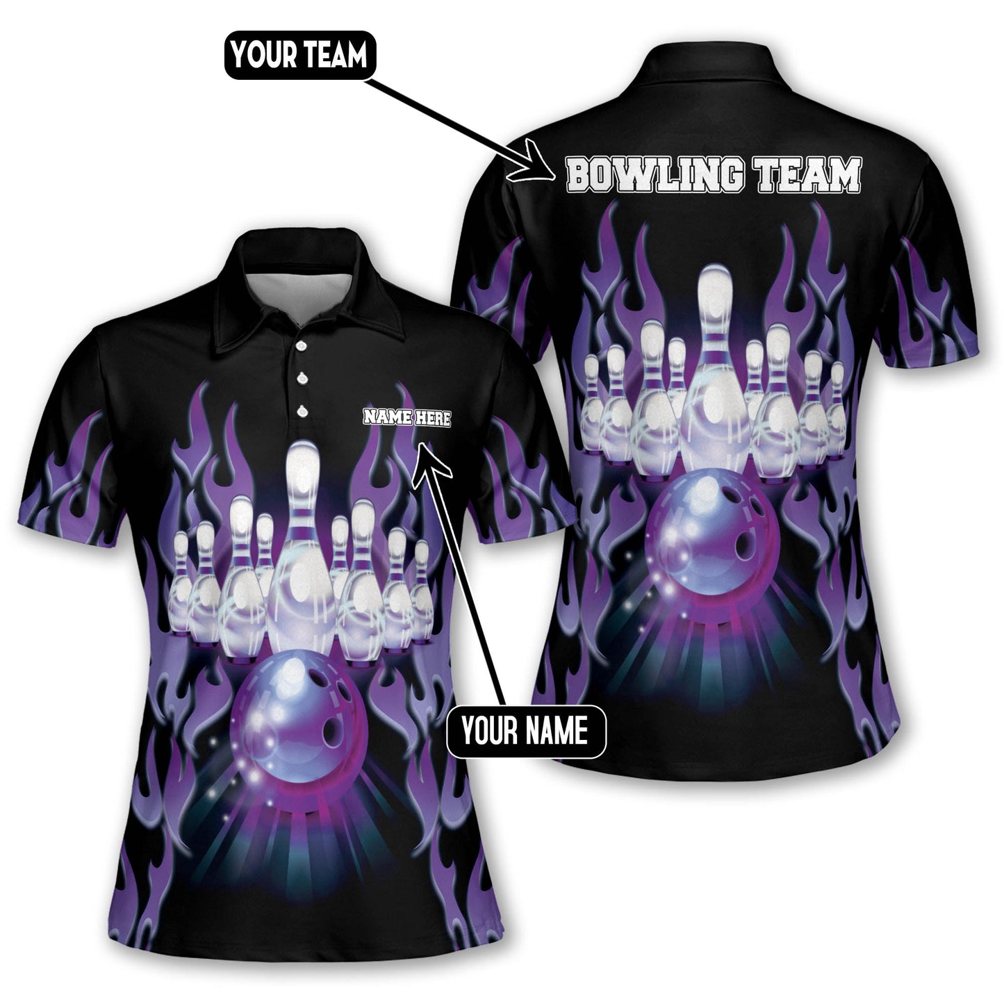 Custom Red Flame Bowling Polo Shirt For Women, Custom Flame Bowling Team Shirts Womens BW0125