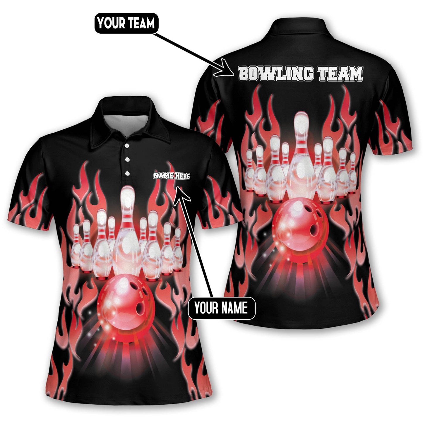 Custom Red Flame Bowling Polo Shirt For Women, Custom Flame Bowling Team Shirts Womens BW0125