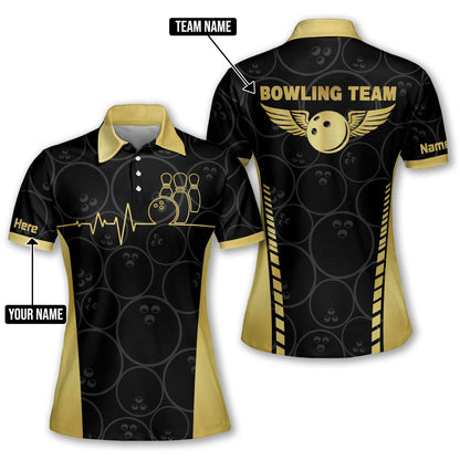 Custom Team Black And Gold Bowling Polo Shirt For Women, Custom Team Bowling Shirt BW0124