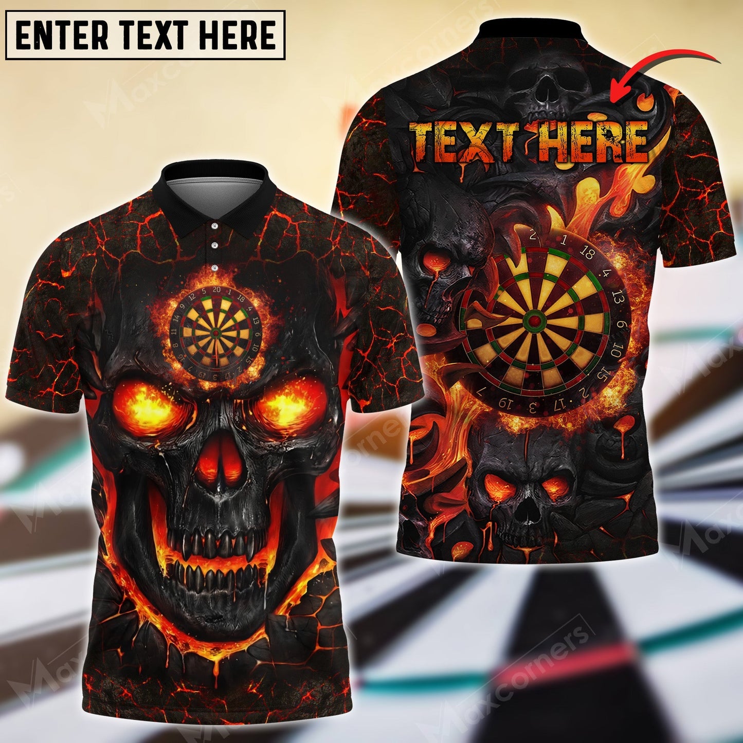 Tendpins Firi Skull Darts Polo Shirt, Perfect Gift For Darts Lovers, Darts Players Personalized Name T Shirt DMA0006