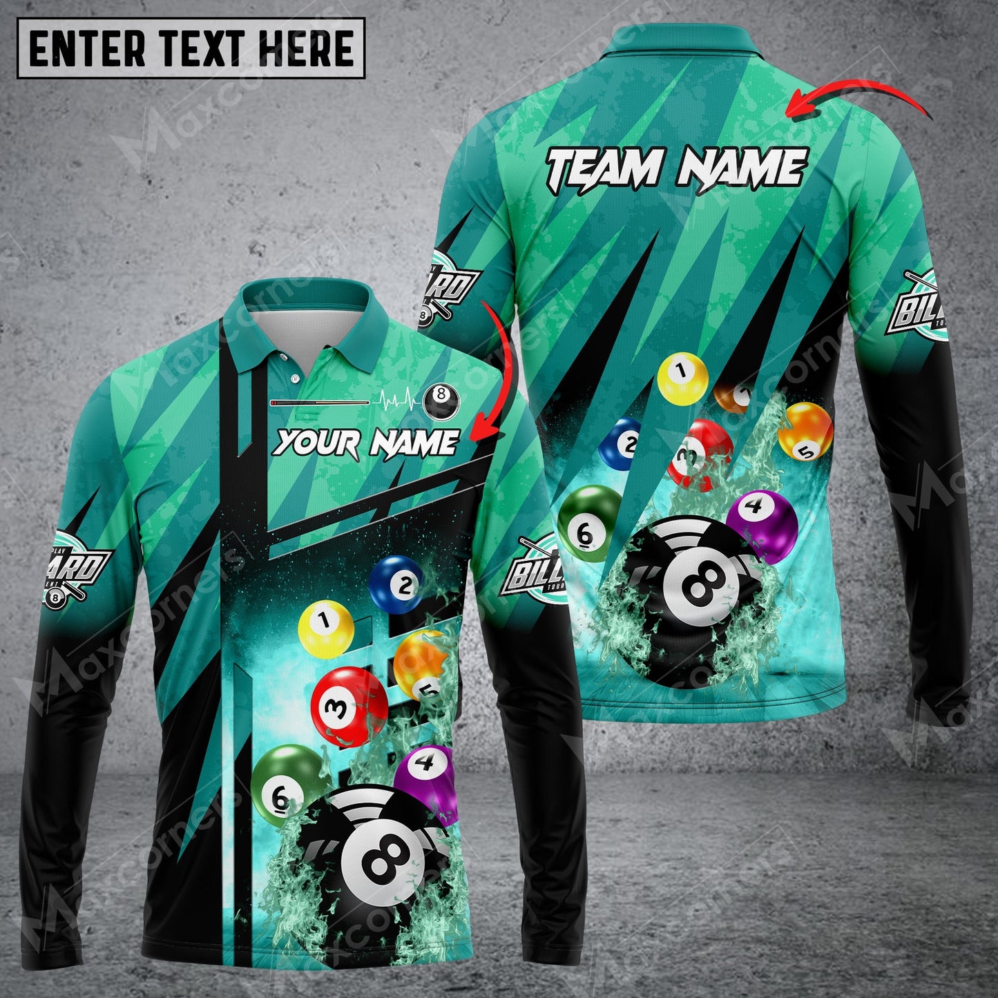 Tendpins Billiards Abstract Grunge Texture X Multicolor Option Customized Name Long Sleeve Polo Shirt BIA0398