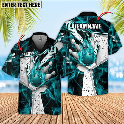 Custom Cyan Flame Bowling Hawaiian Shirt Team For Men, Custom Flame Bowling Team Shirt HO5661