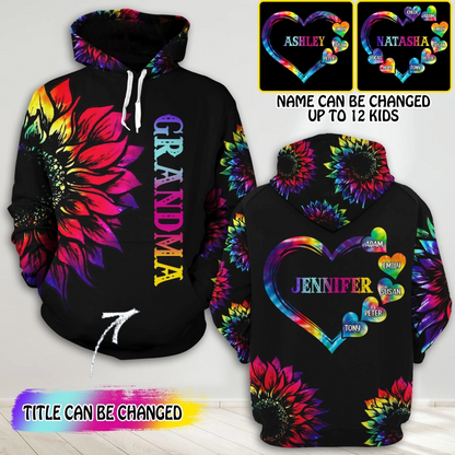 Personalized Grandma Kid Sunflower Heart Hoodie 3d Printed, Mother's Day Heart Shirt SO0467